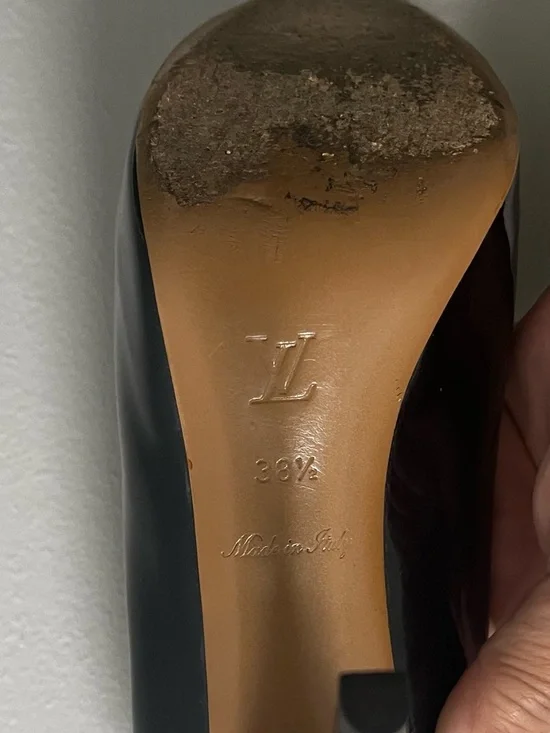 Louis Vuitton Navy Blue Patent Leather Peep Toe Stiletto Heels - Picture 5 of 6